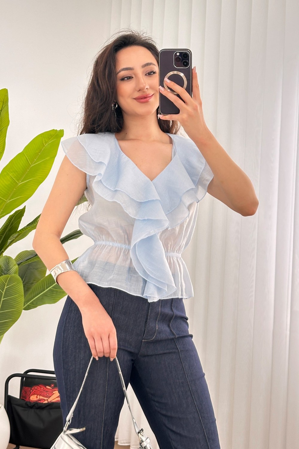 Fırfırlı Beli Lastikli Toptan Bebe Mavisi Bluz Bebe Mavi