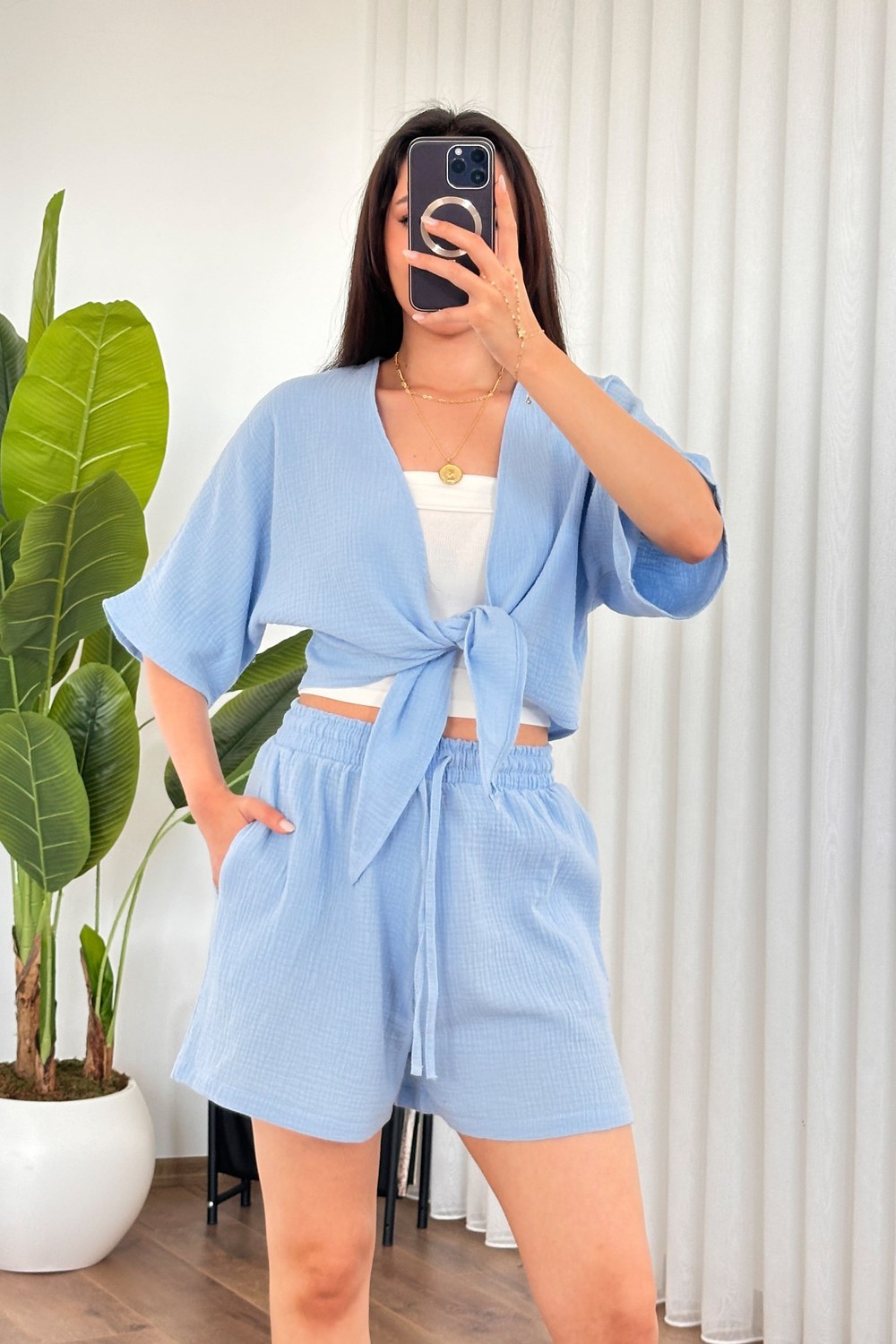 Müslin Önden Bağlamalı Kısa Model Toptan Bej Kimono Bebe Mavi