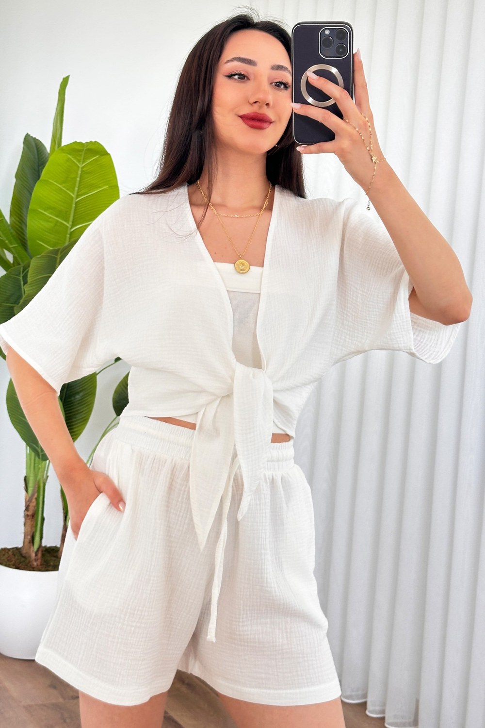 Müslin Önden Bağlamalı Kısa Model Toptan Beyaz Kimono Beyaz