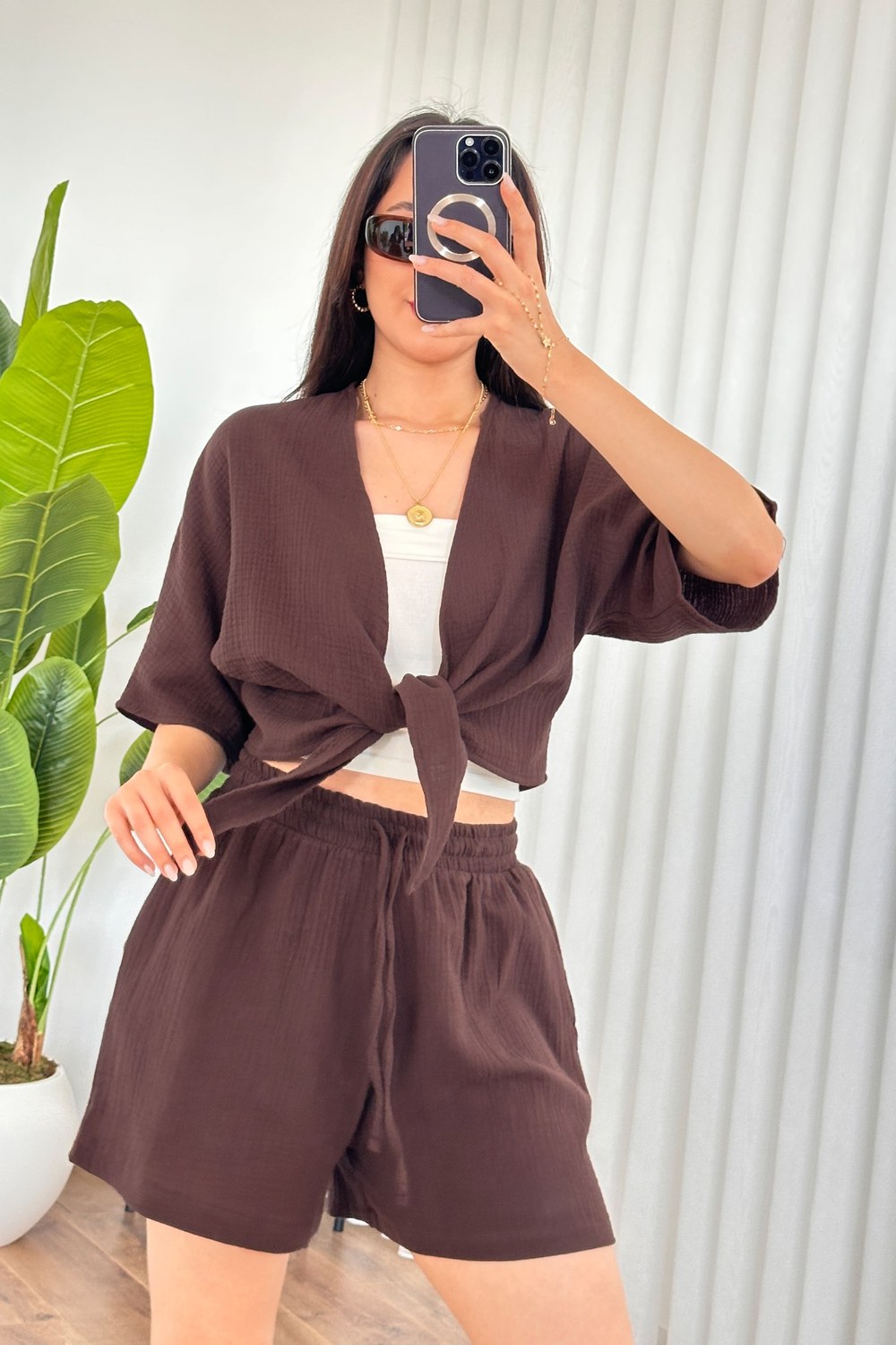 Müslin Önden Bağlamalı Kısa Model Toptan Kahve Kimono Kahverengi