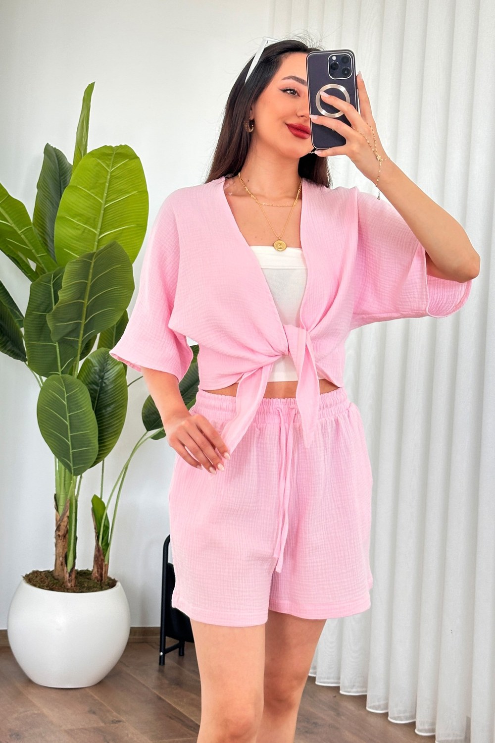 Müslin Önden Bağlamalı Kısa Model Toptan Pembe Kimono Pembe