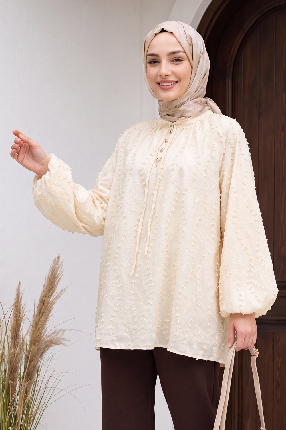 Yakası Bağcıklı Düğmeli Astarlı Nakışlı Oversize Keten Tunik -Sarı