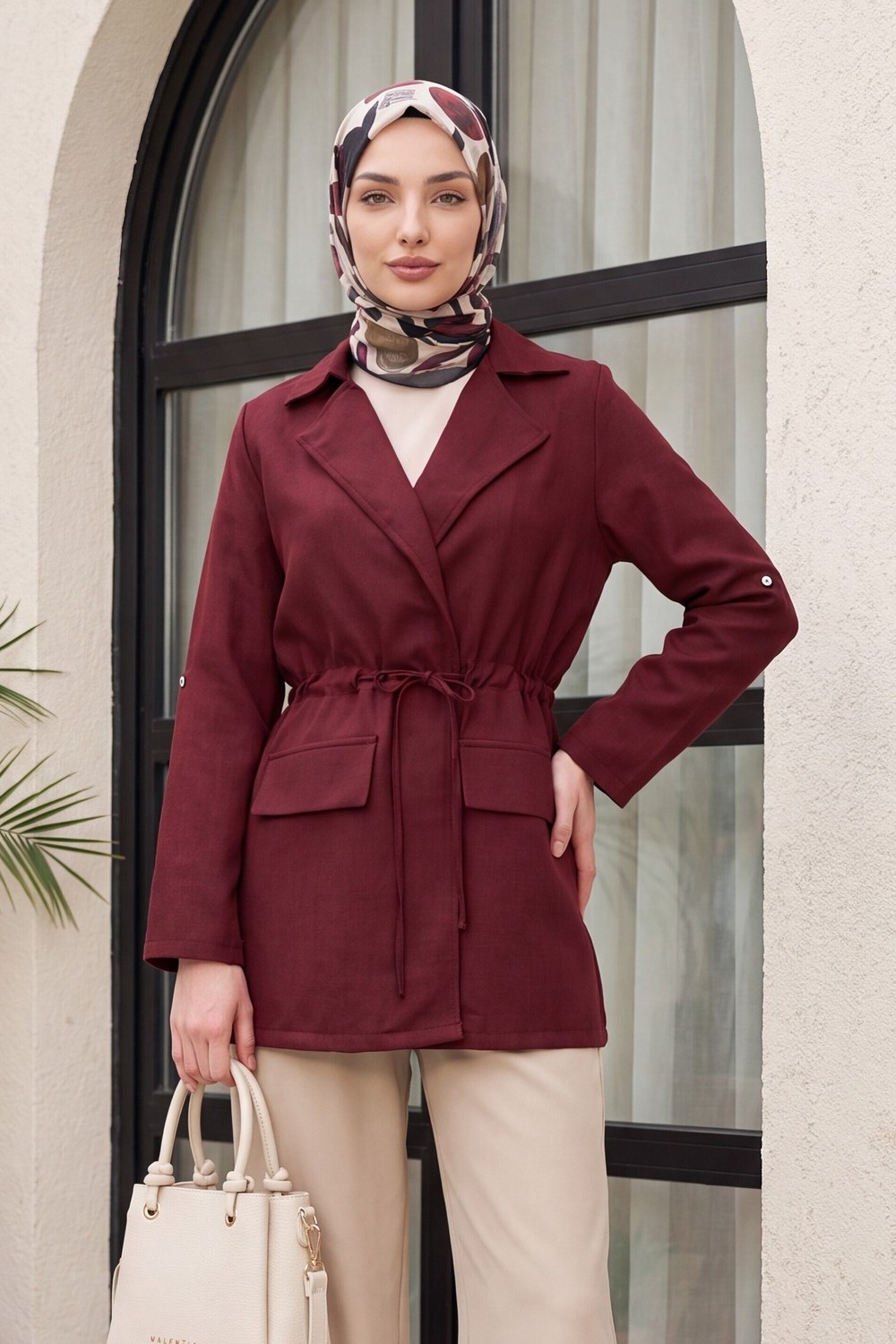 Tünel Bağcıklı Cep Detaylı Keten Görünümlü Kimono -Bordo
