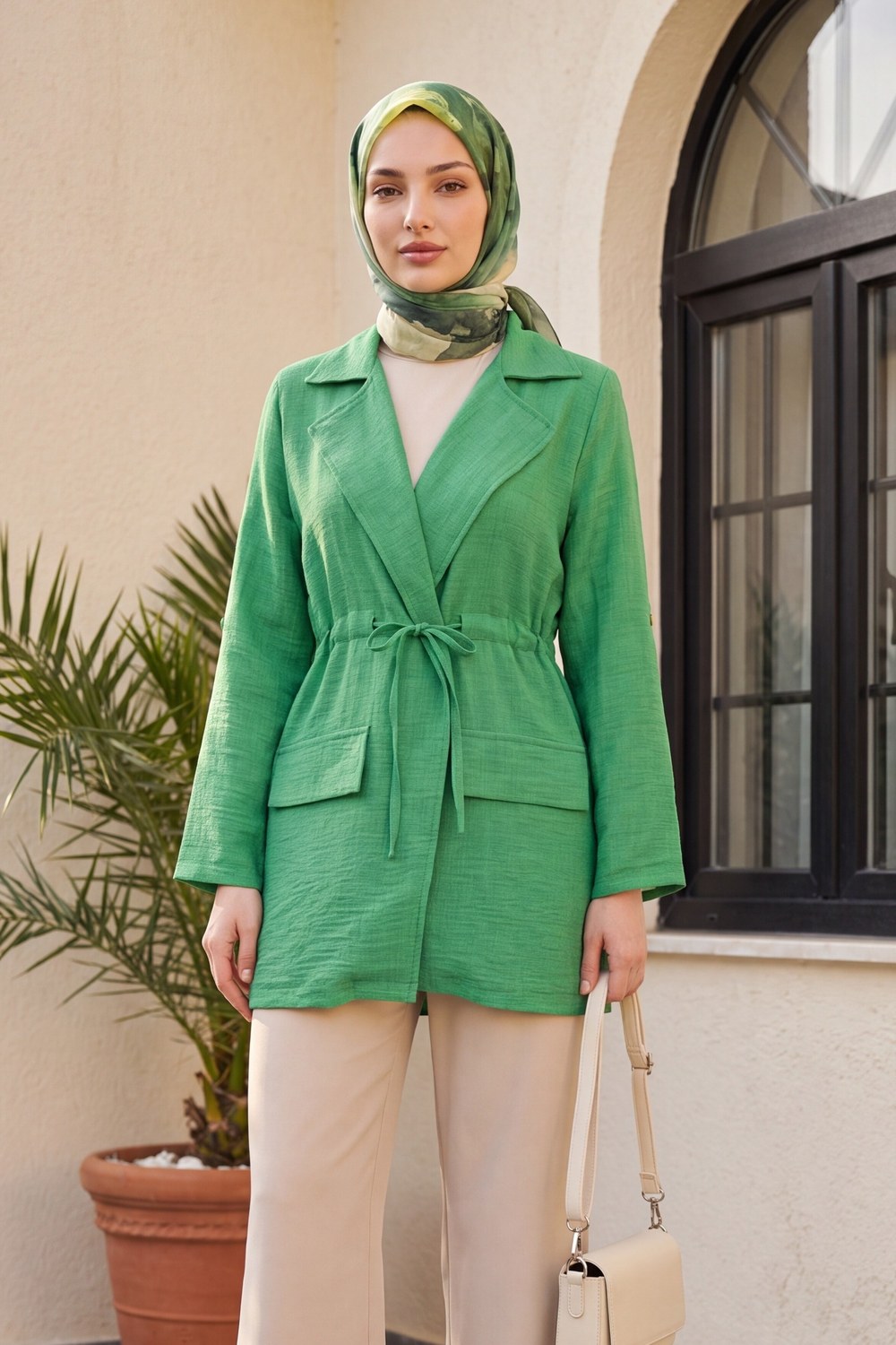 Tünel Bağcıklı Cep Detaylı Keten Görünümlü Kimono -Acık Yeşil