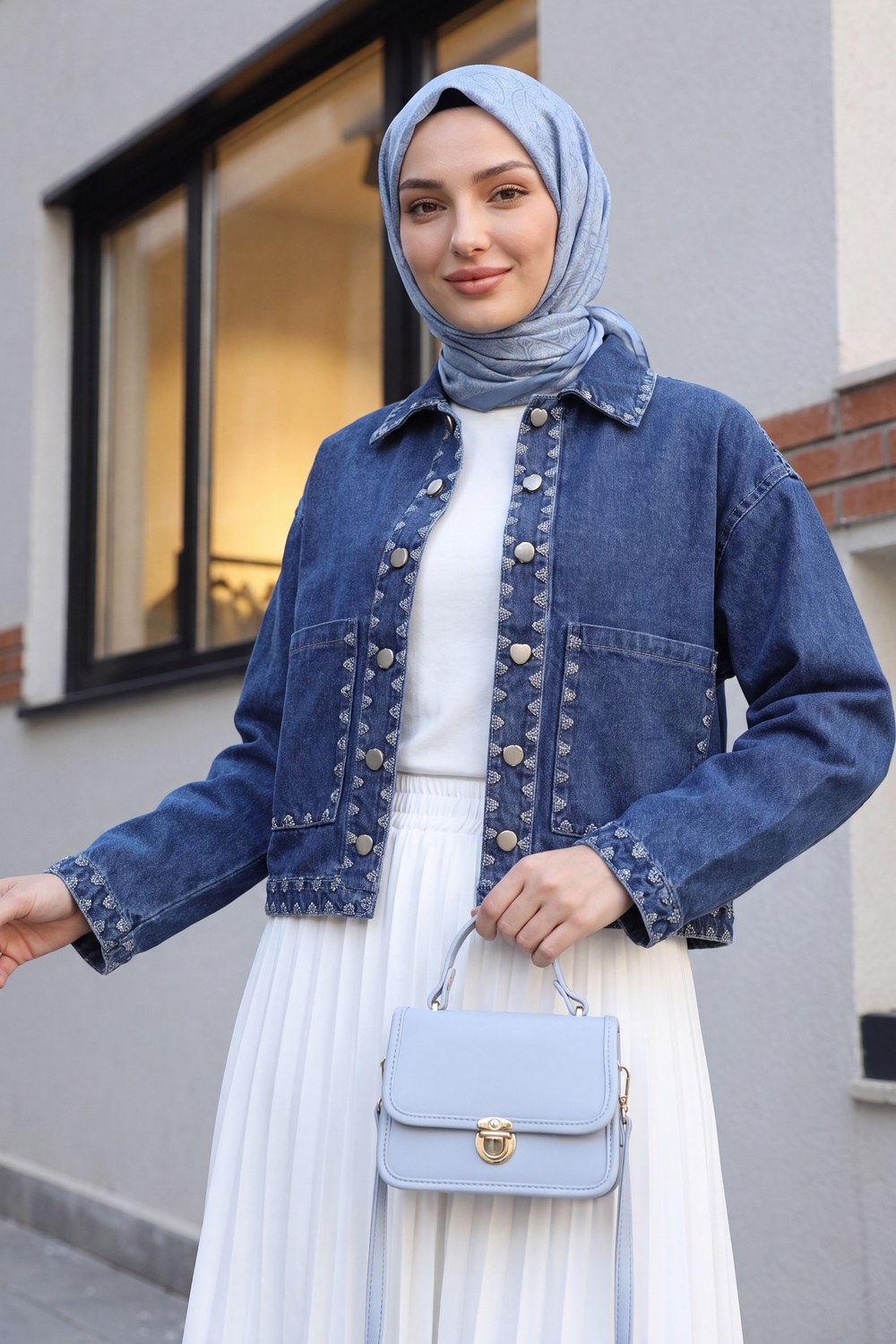 Çoban Nakışlı Düğmeli Kot Ceket -Koyu Mavi