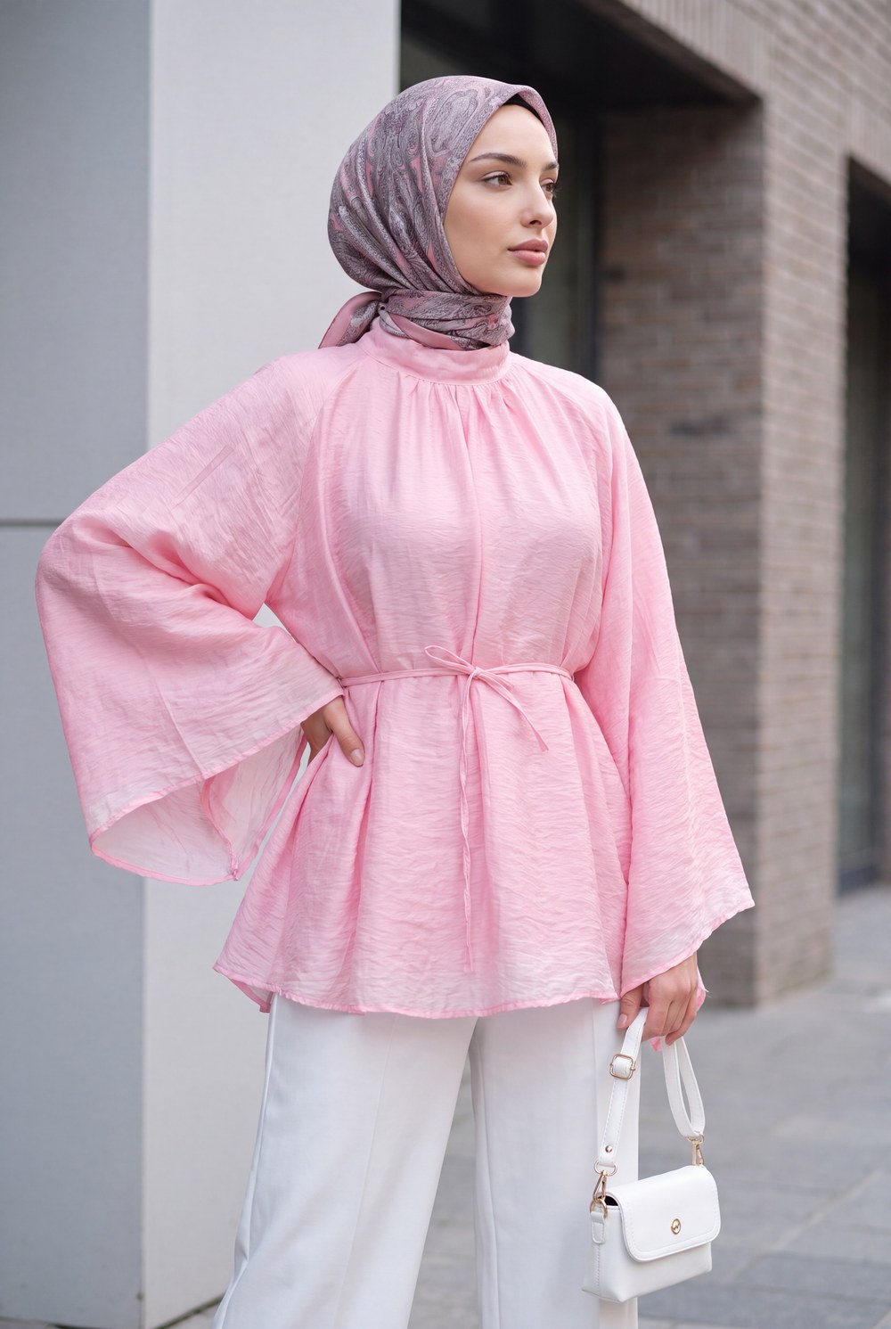 Hakim Yaka Kemerli Astarlı İspanyol Kol Oversize Liyosel Tunik -Pembe