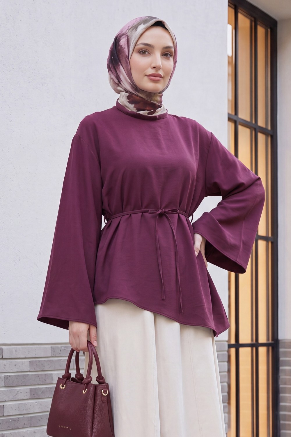 Asimetrik Kesim Beli Bağcıklı Oversize Modal Tunik -Mürdüm
