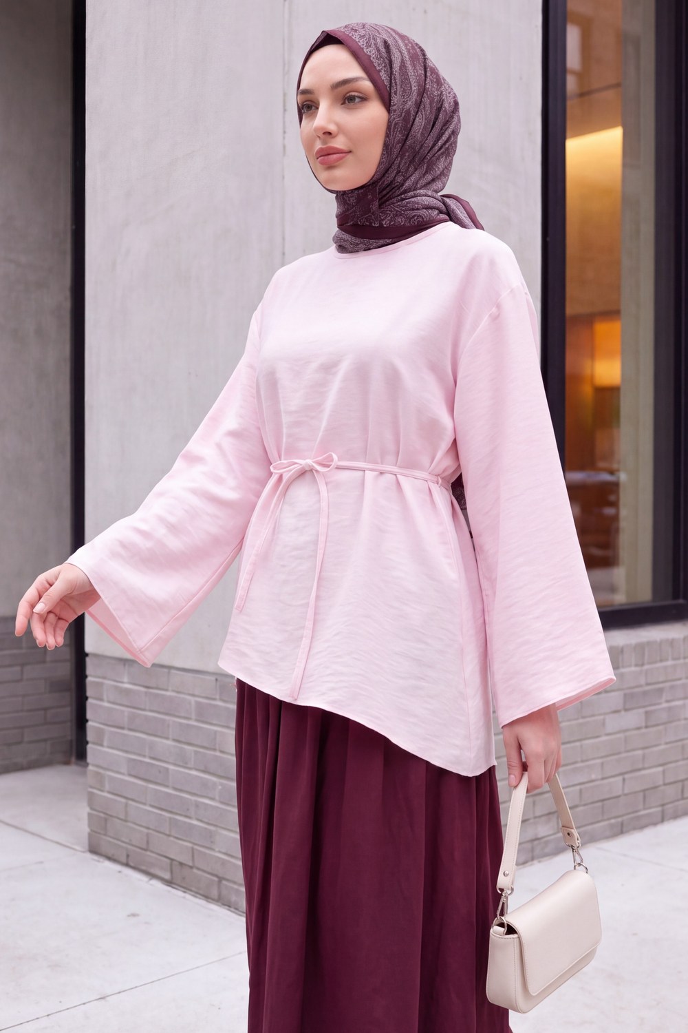 Asimetrik Kesim Beli Bağcıklı Oversize Modal Tunik -Pudra
