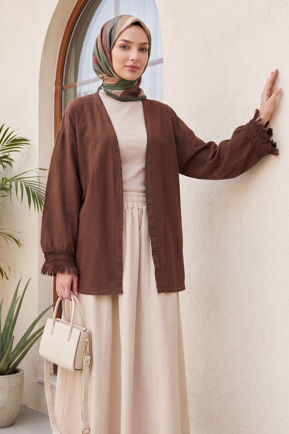 Kolları Püsküllü Beli Kemerli Keten Kimono -Kahverengi