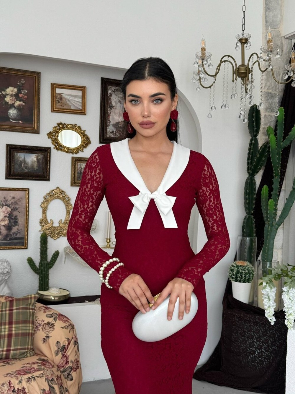 Duyru Fiyonk Detaylı Elbise ETK-01020-bordo