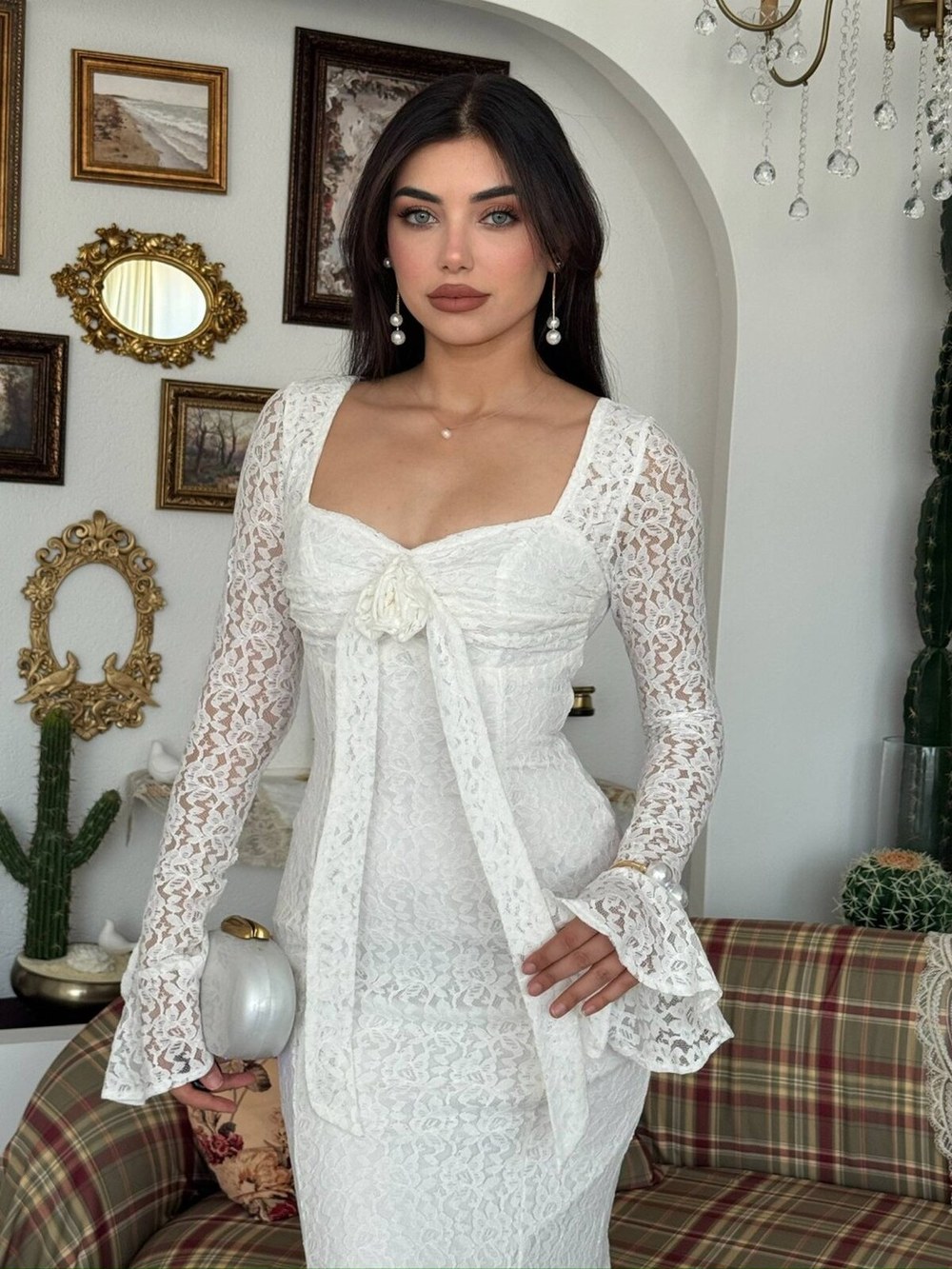 Cesam Gül Detaylı Elbise ETK-01010-beyaz