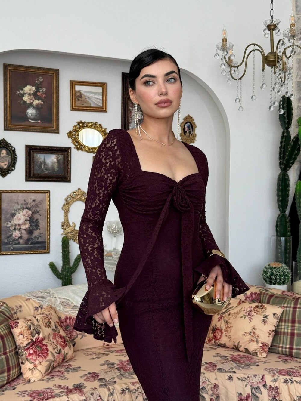 Cesam Gül Detaylı Elbise ETK-01010-murdum