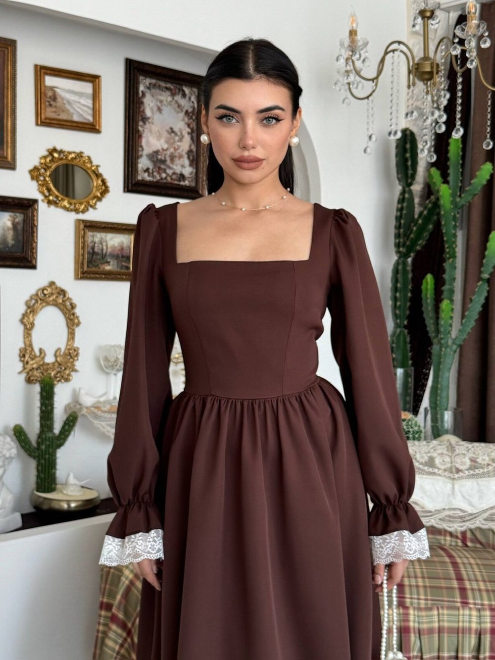 Huyno Dantel Detaylı Elbise ETK-01011-kahve