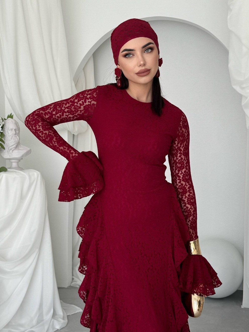 Fusne Midi Elbise ETK-01022-bordo