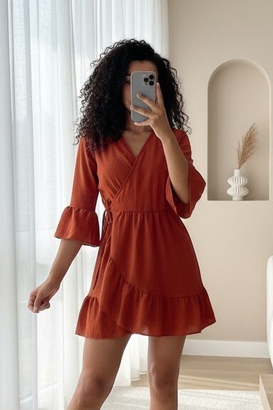 Eteği Ve Kolları Fırfırlı Beli Lastikli Ayrobin Elbise -Kiremit