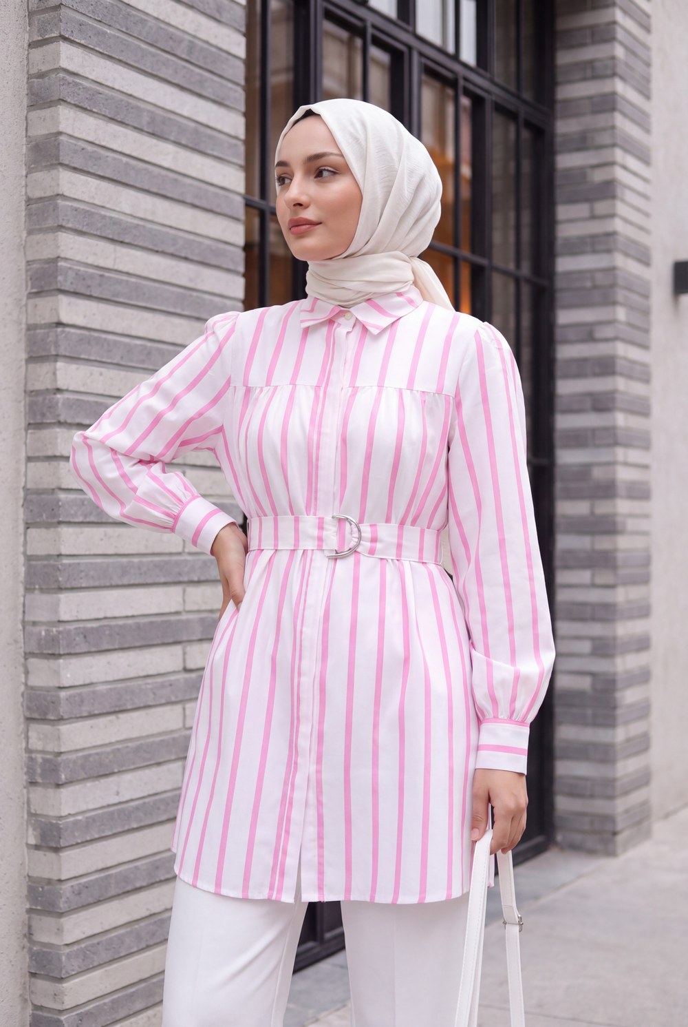 Kalın Çizgili Tokalı Kemerli Gömlek -Pembe