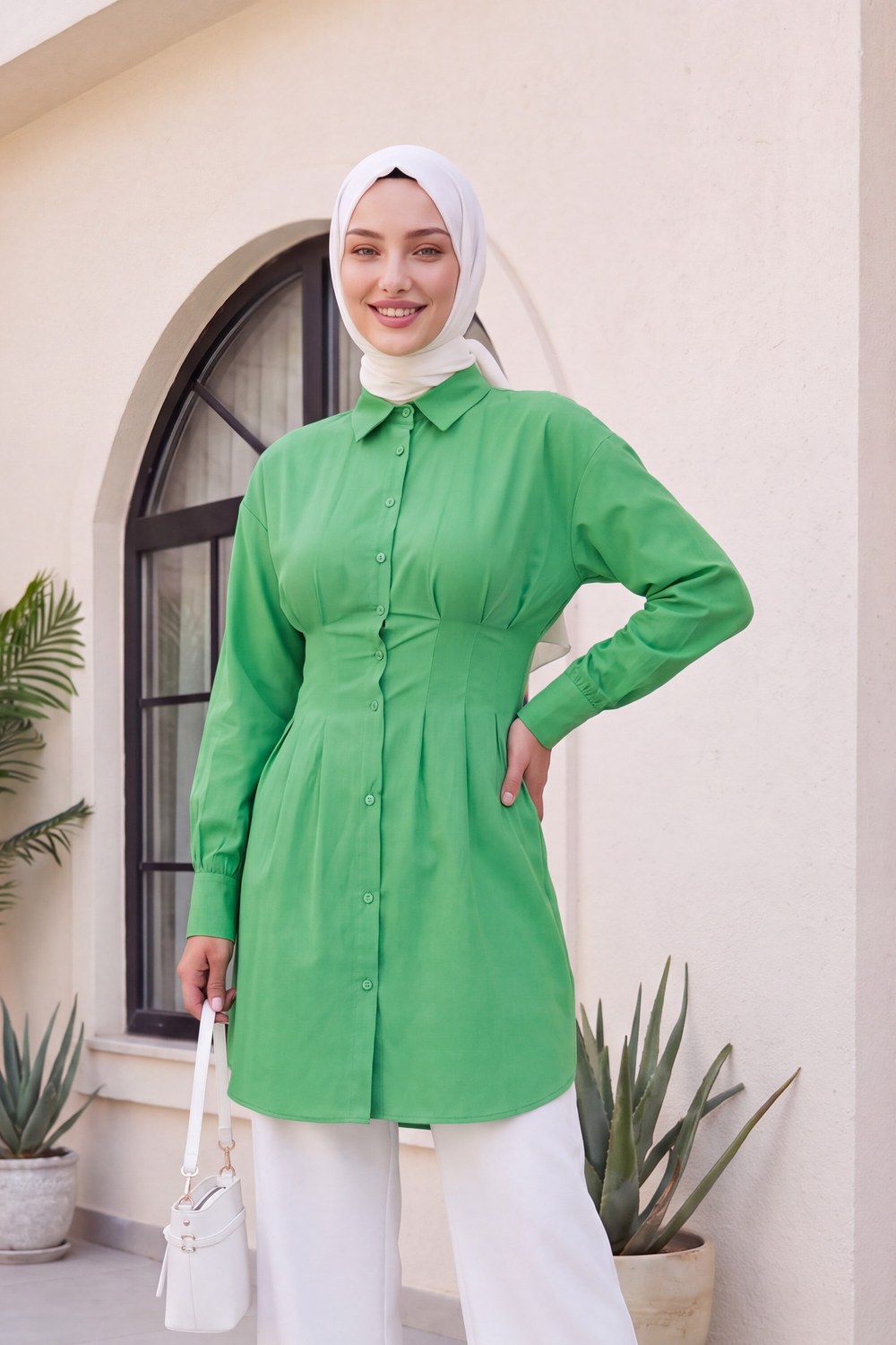 Beli Pliseli Boydan Düğmeli Gömlek Tunik -Yeşil