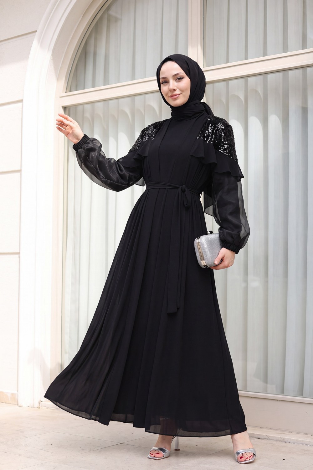 Omuzları Pul Payet Kolu Tül İkili Abaya -Siyah