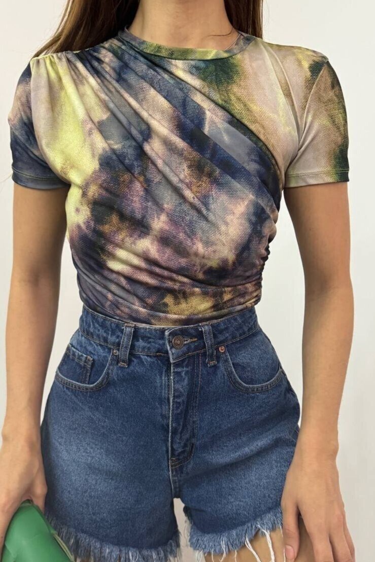 Bel Omuz Büzgülü Batik Baskı Sendy Bluz -Yeşil