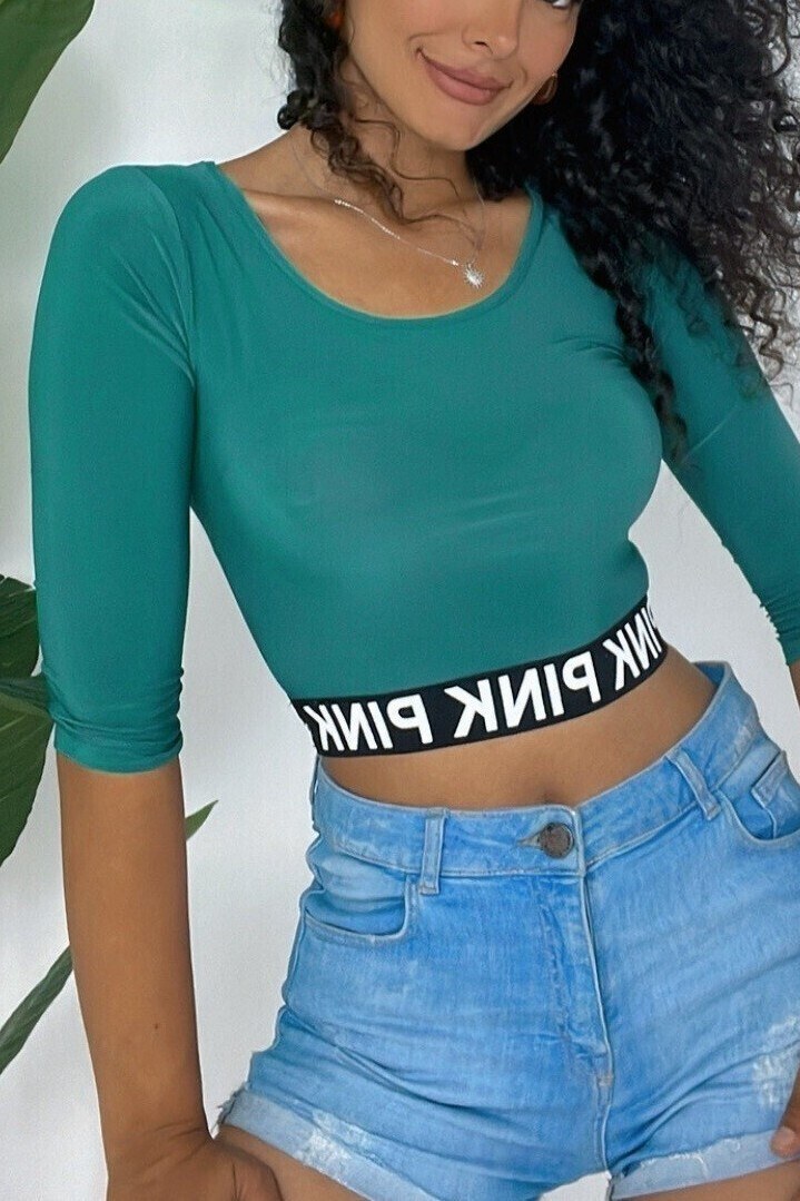 Pink Yazılı Fakir Kol Lastikli Crop -Yeşil