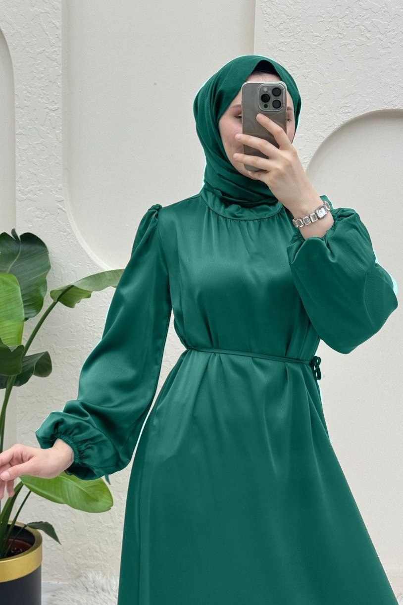 Beli Bağcıklı Kolu Lastikli Saten Abiye -Mint