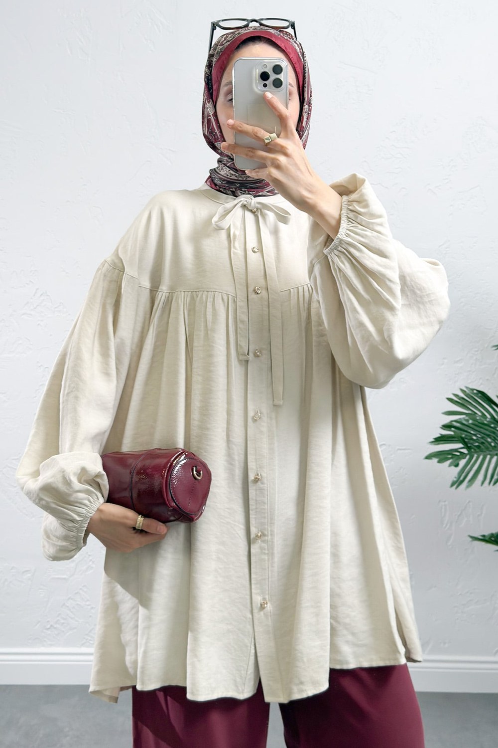 Yaka Bağcıklı Biritli Tunik 0083 - Ekru