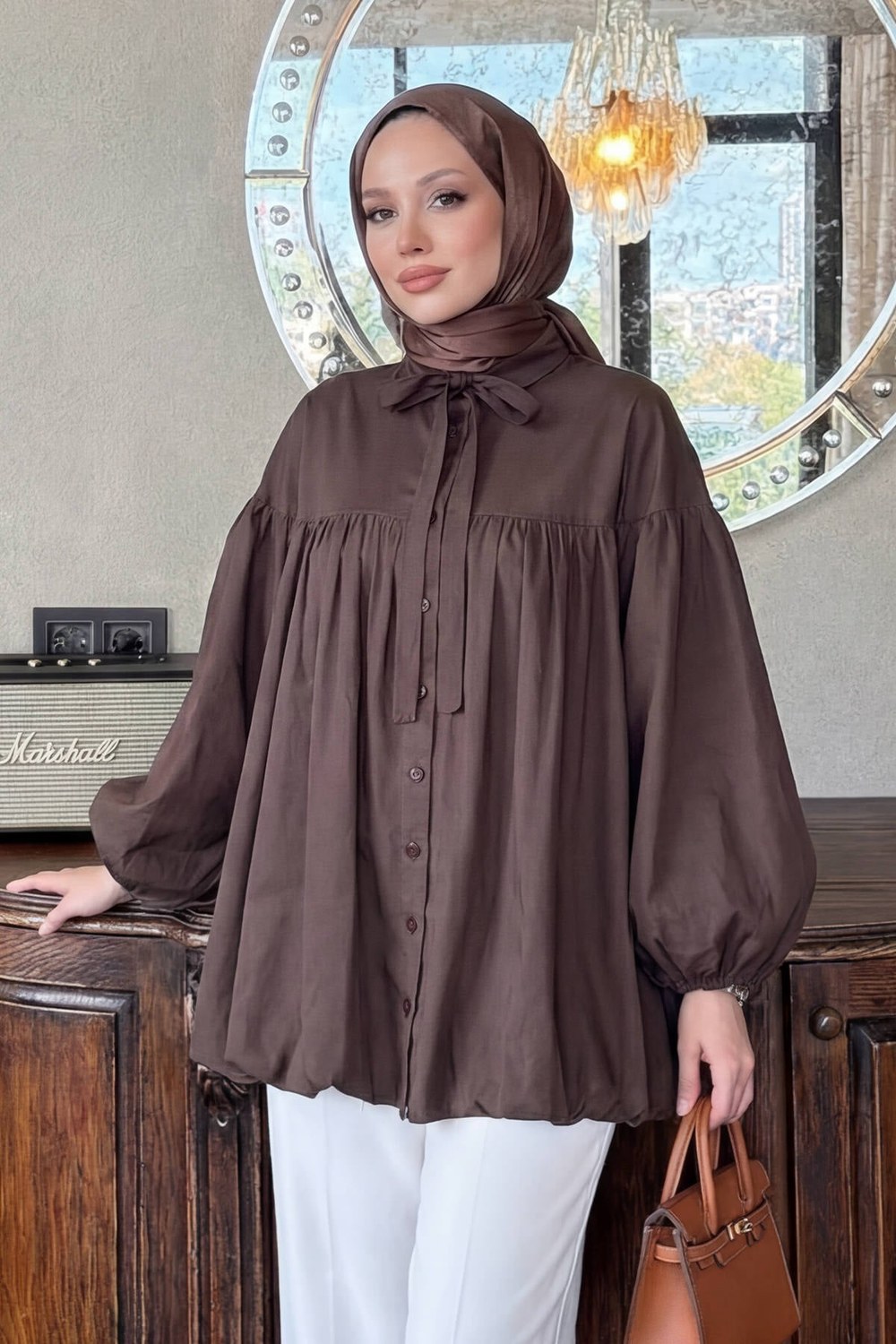 Yaka Kuşaklı Tunik Y0088 - Kahverengi