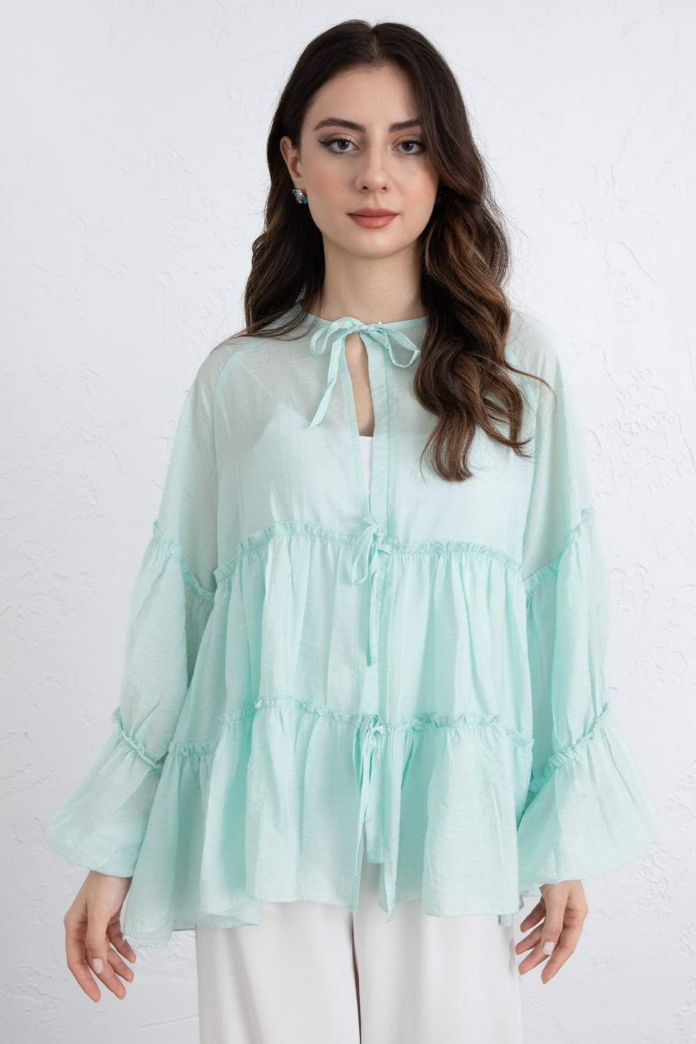 İp Bağcıklı Katlı Bluz 0073 - Mint Yeşili