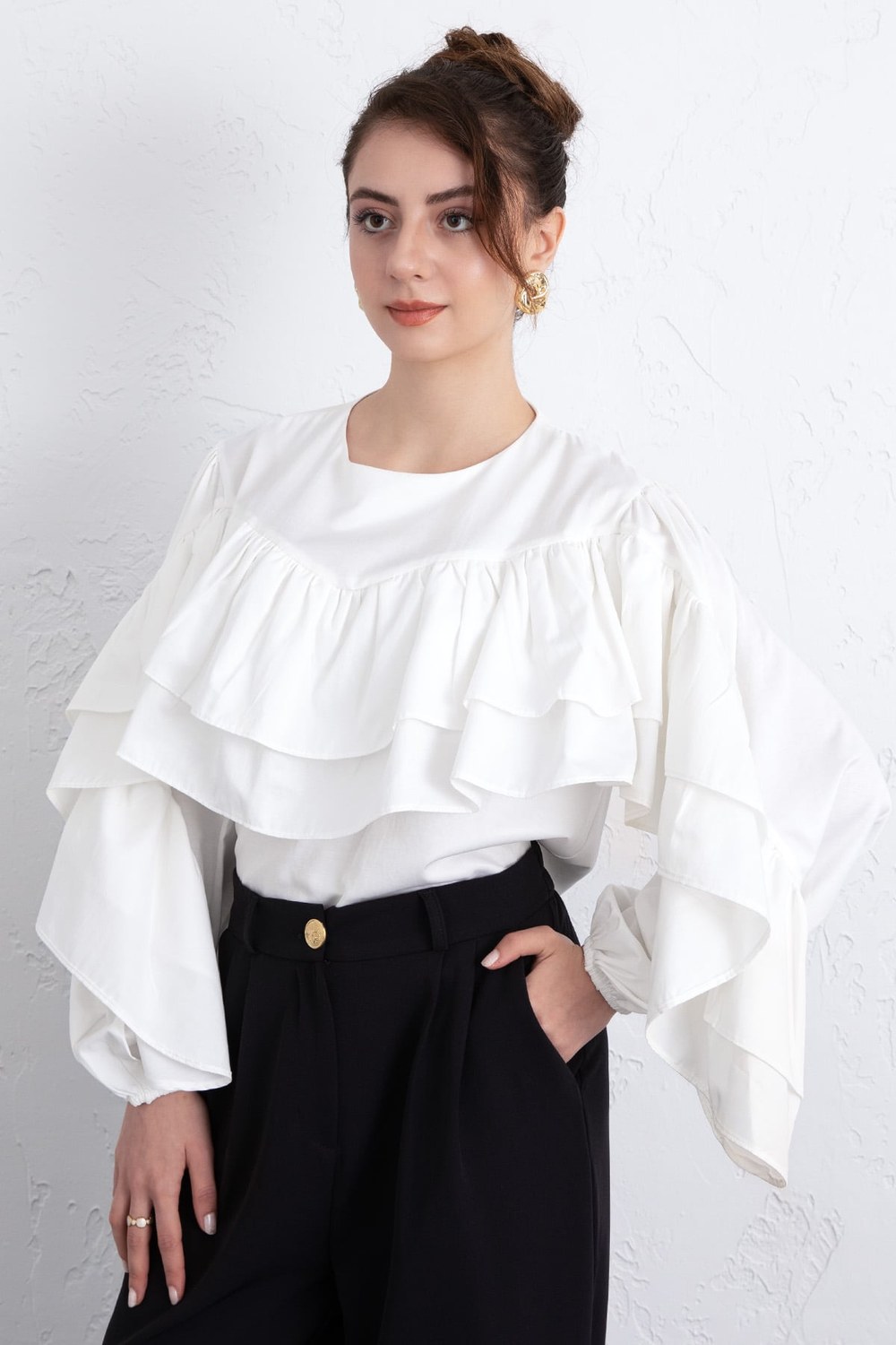 Volan Detay Bluz 0087 - Beyaz