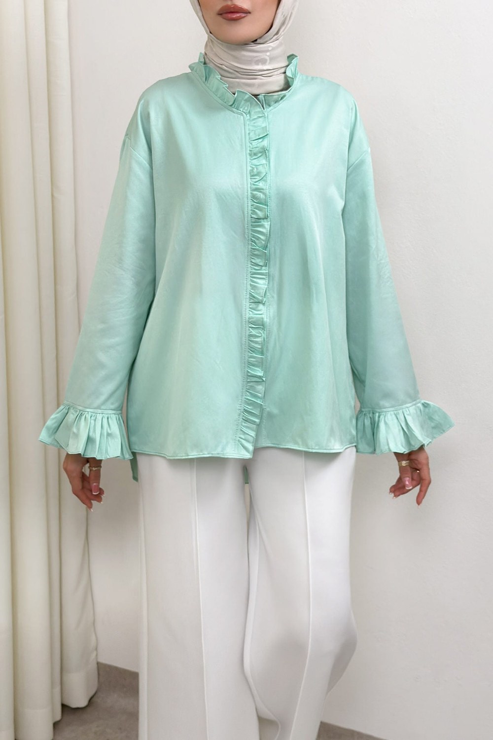 Fırfır Detaylı Oversize Gömlek 0057 - Mint Yeşili