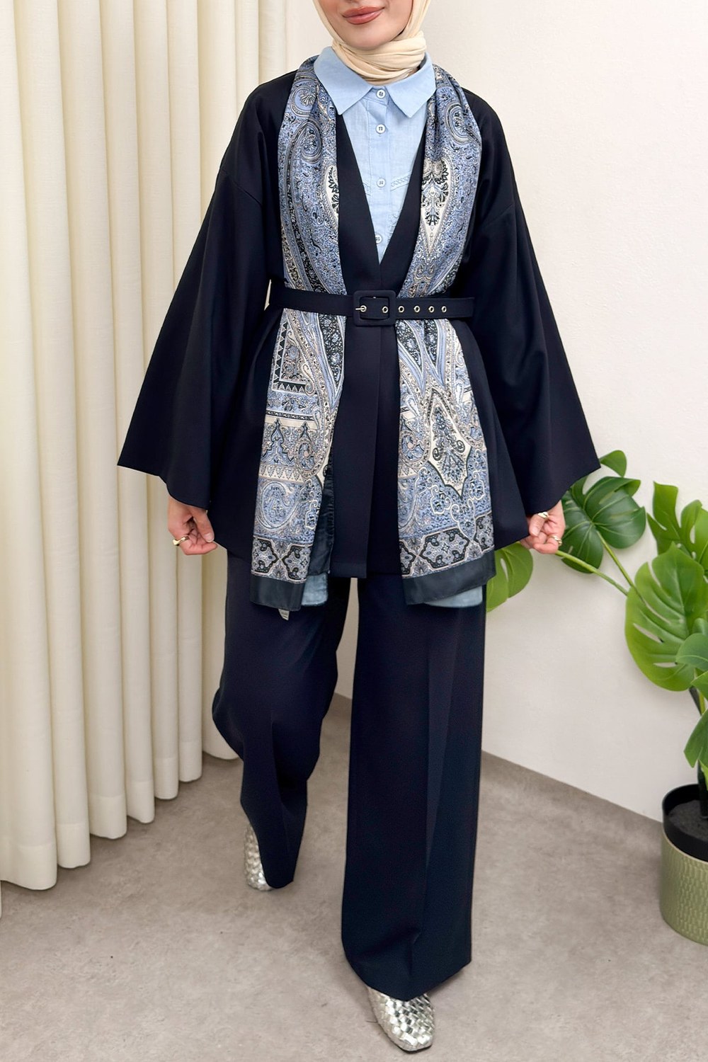 Geniş Kol Kimono Kemerli Pantolon Takım 0047 - Lacivert