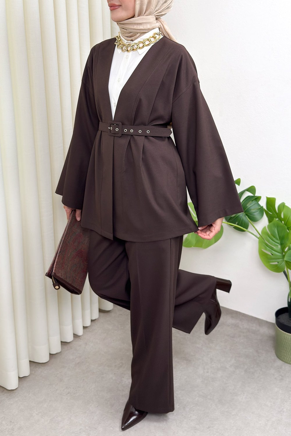 Geniş Kol Kimono Kemerli Pantolon Takım 0047 - Kahverengi