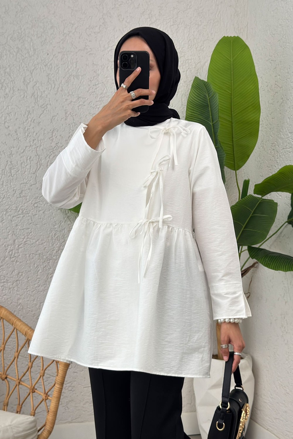 Belden Büzgülü Kimono 0002 - Beyaz