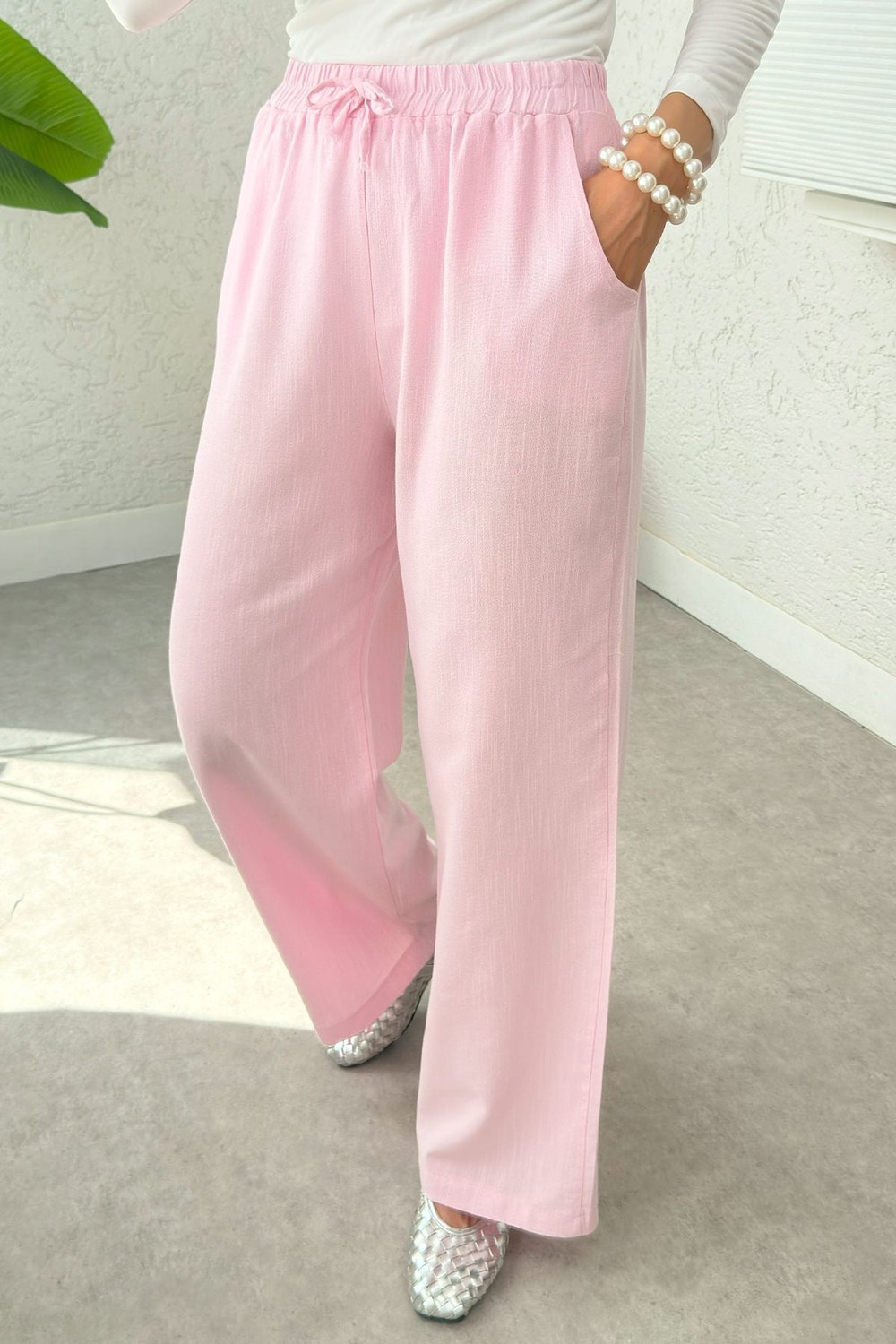 Keten Cepli Pantolon 2394 - Pembe