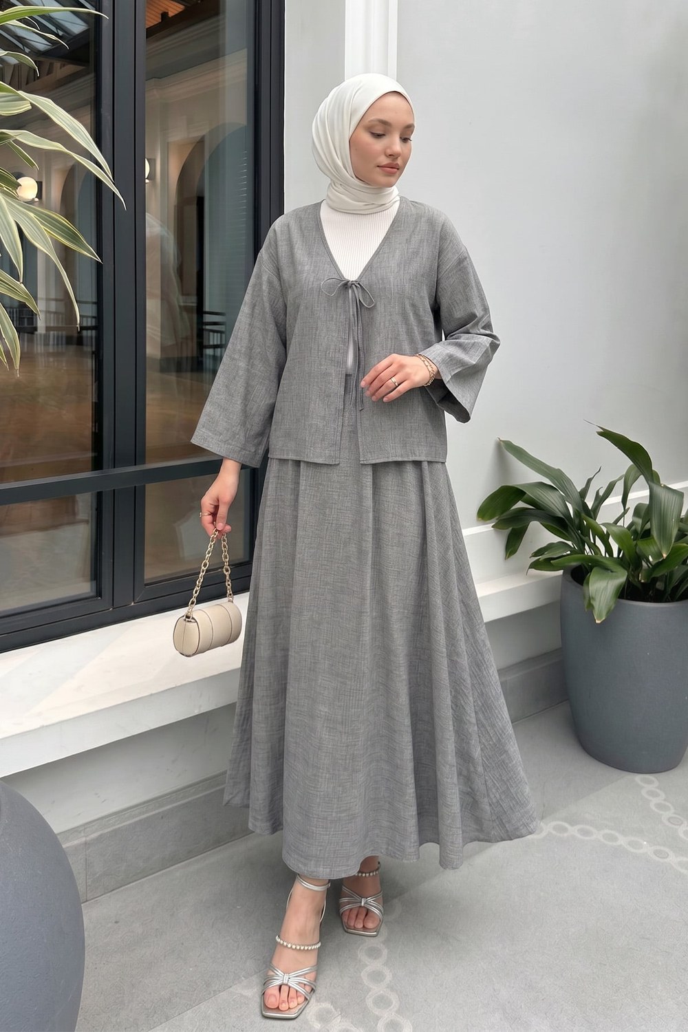 İp Bağcıklı Kimono Etek Takım 2367 - Gri