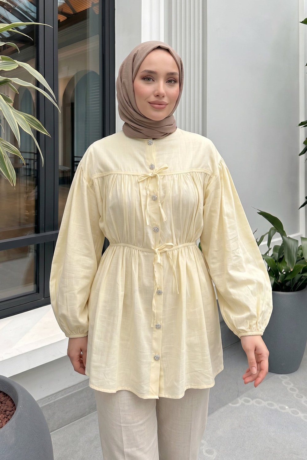 Büzgü Detaylı Bağcıklı Tunik 2366 - Sarı