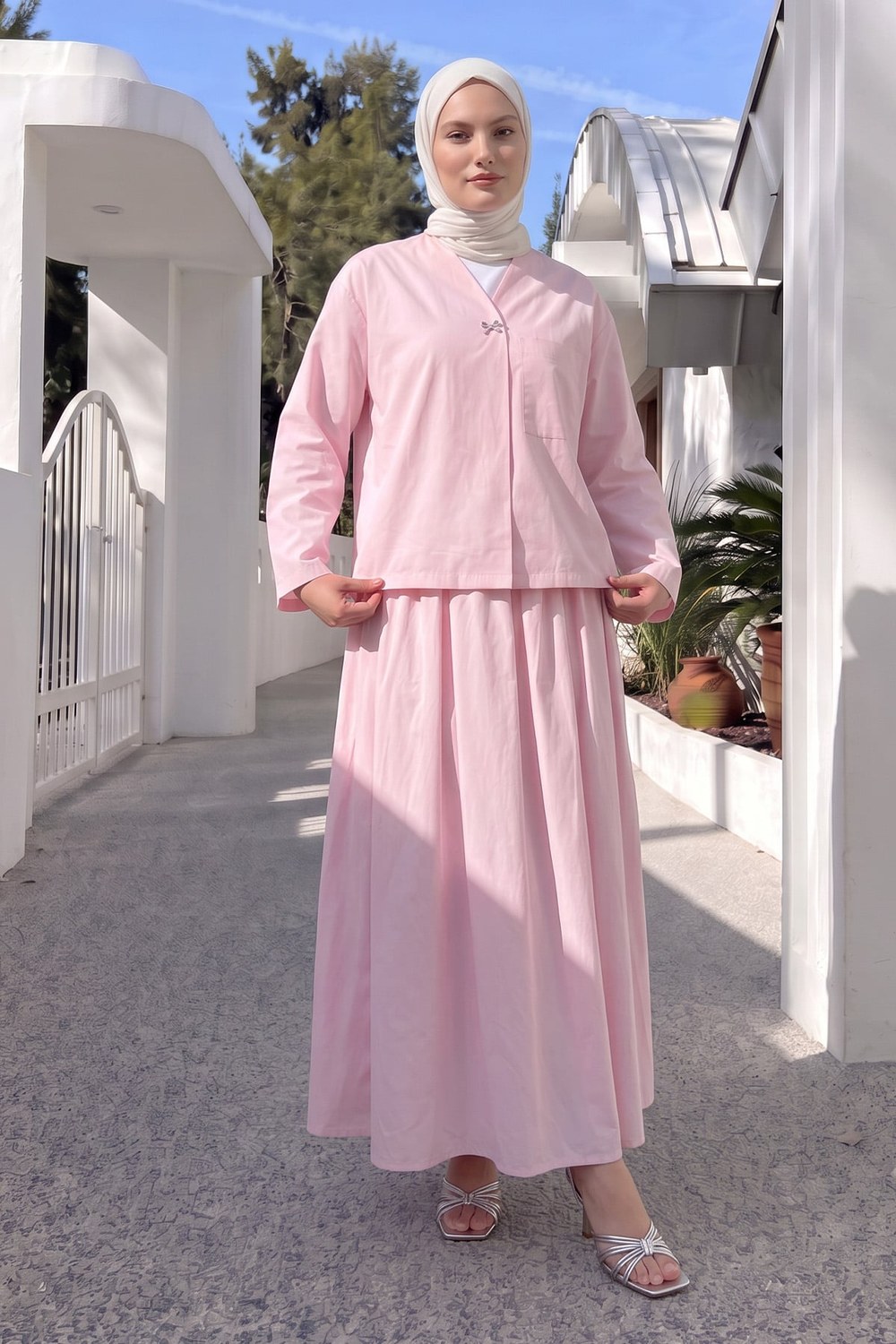 Broş Düğmeli Etekli Takım 2342 - Pembe