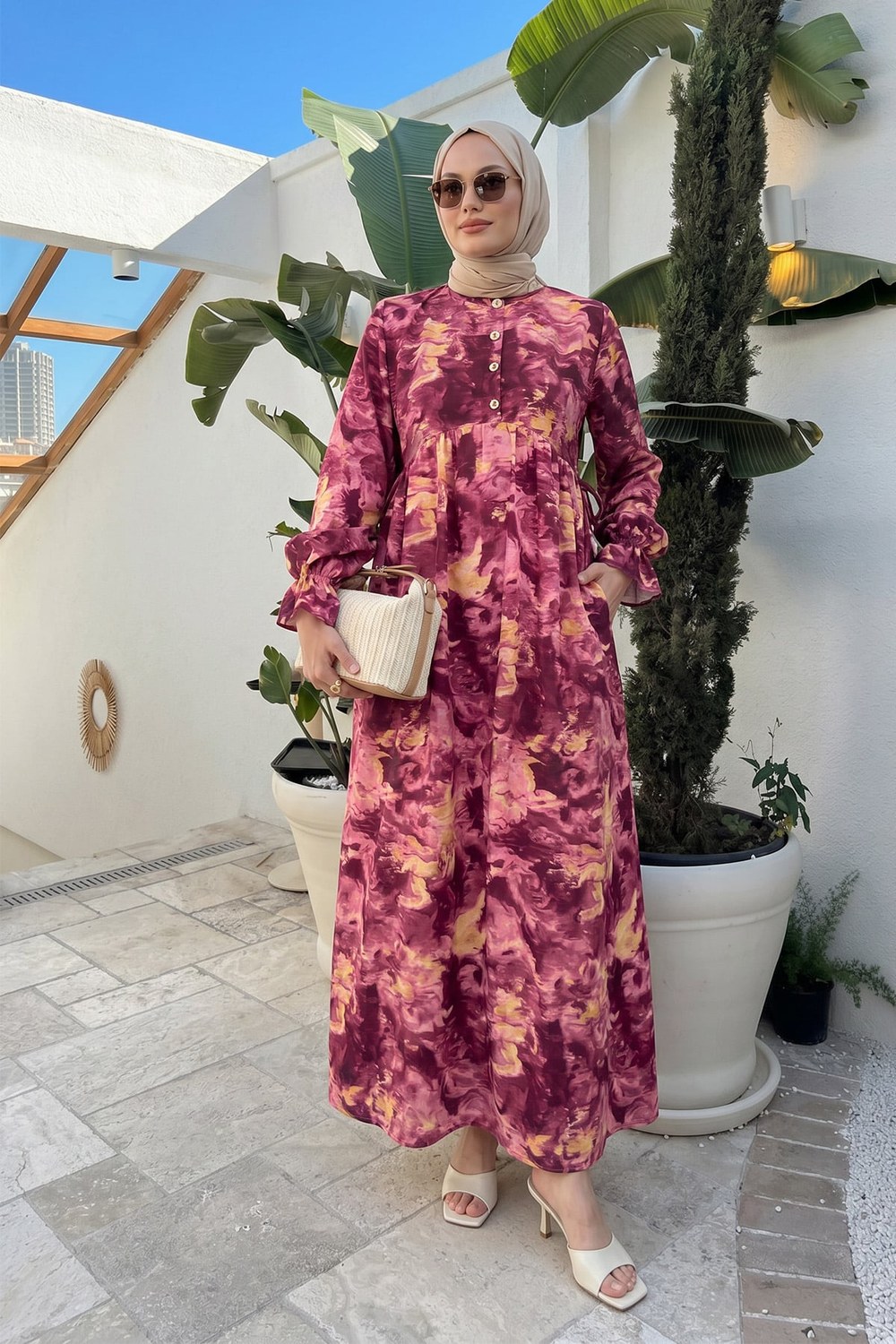Batik Desen Viscon Elbise 2310 - Fuşya