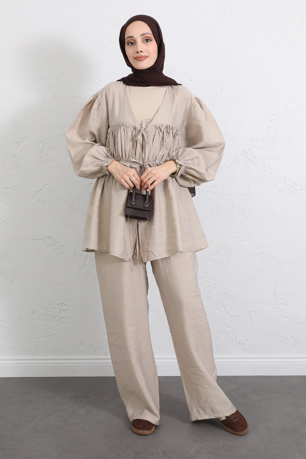 Önü Büzgülü Kimono Takım Y0102 - Bej