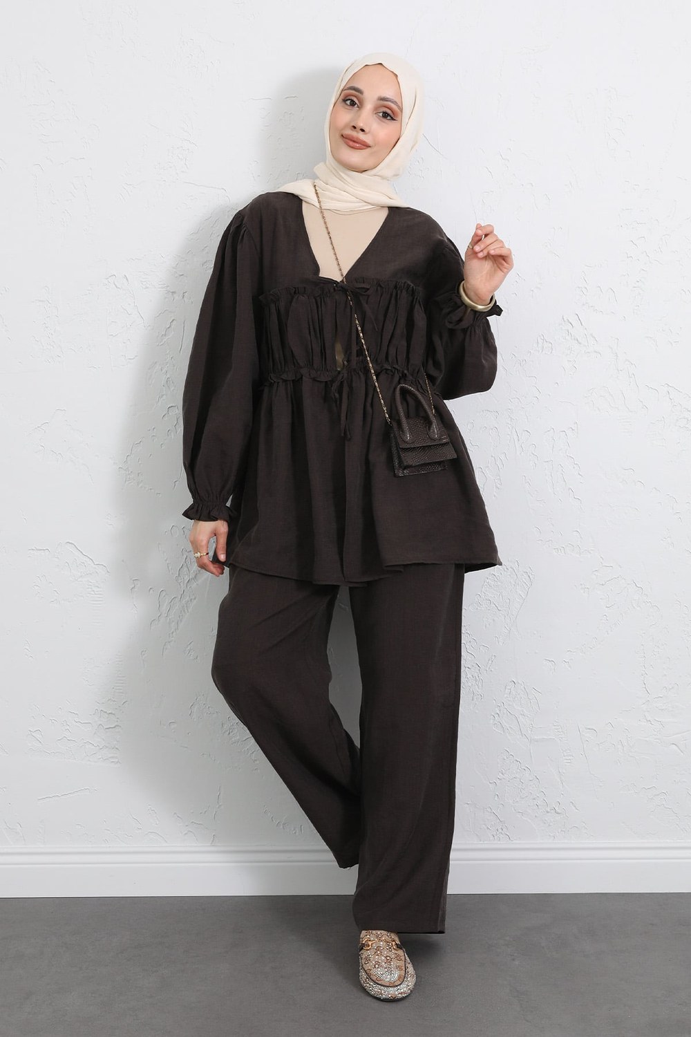 Önü Büzgülü Kimono Takım Y0102 - Kahverengi