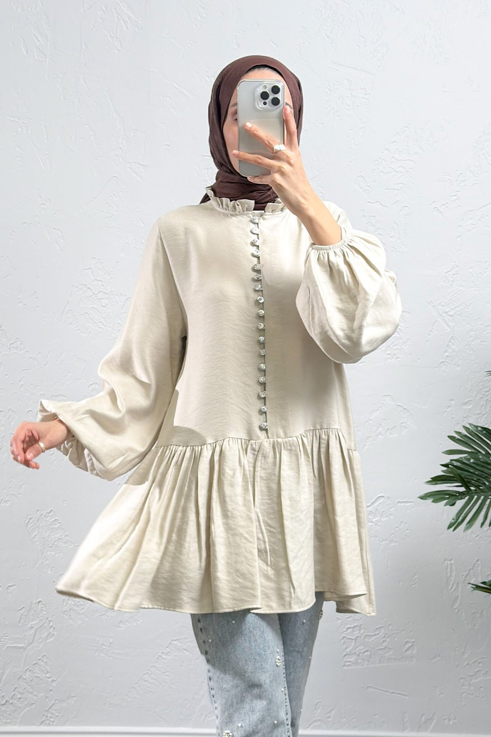 Brit Düğmeli Peplum Tunik Y0082 - Ekru