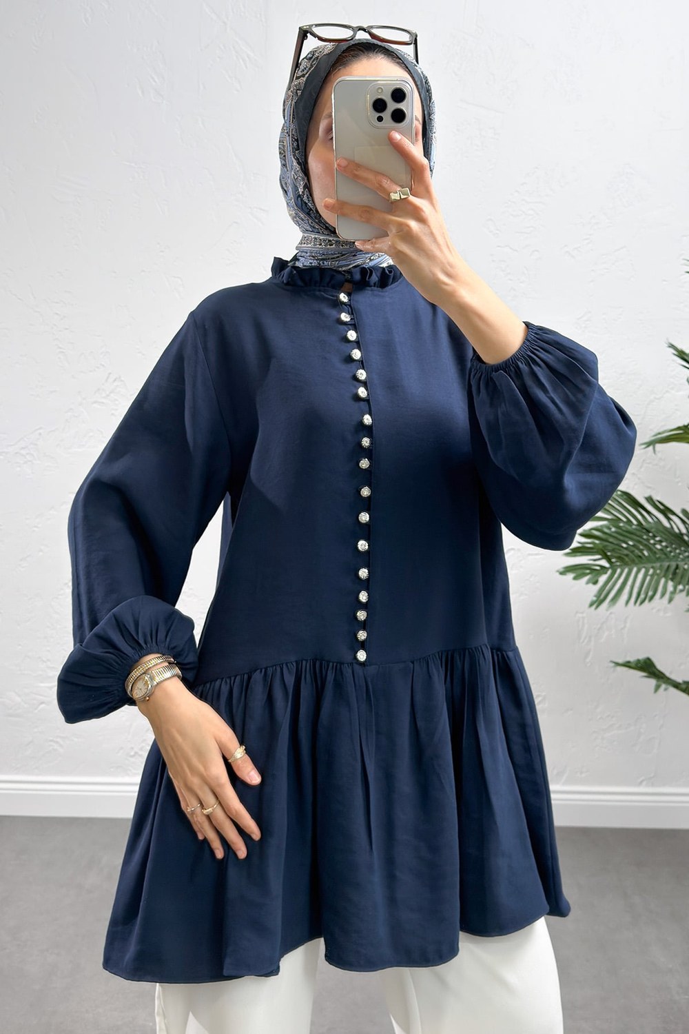 Brit Düğmeli Peplum Tunik Y0082 - Lacivert