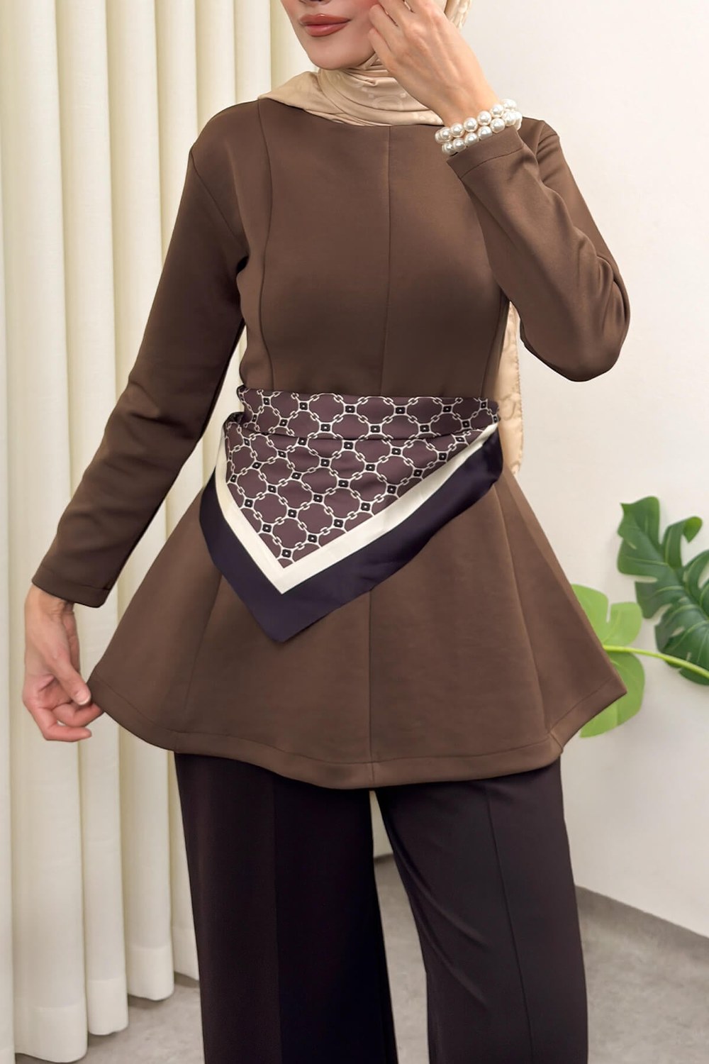 Kemerli Peplum Bluz 0040 - Açık Kahverengi