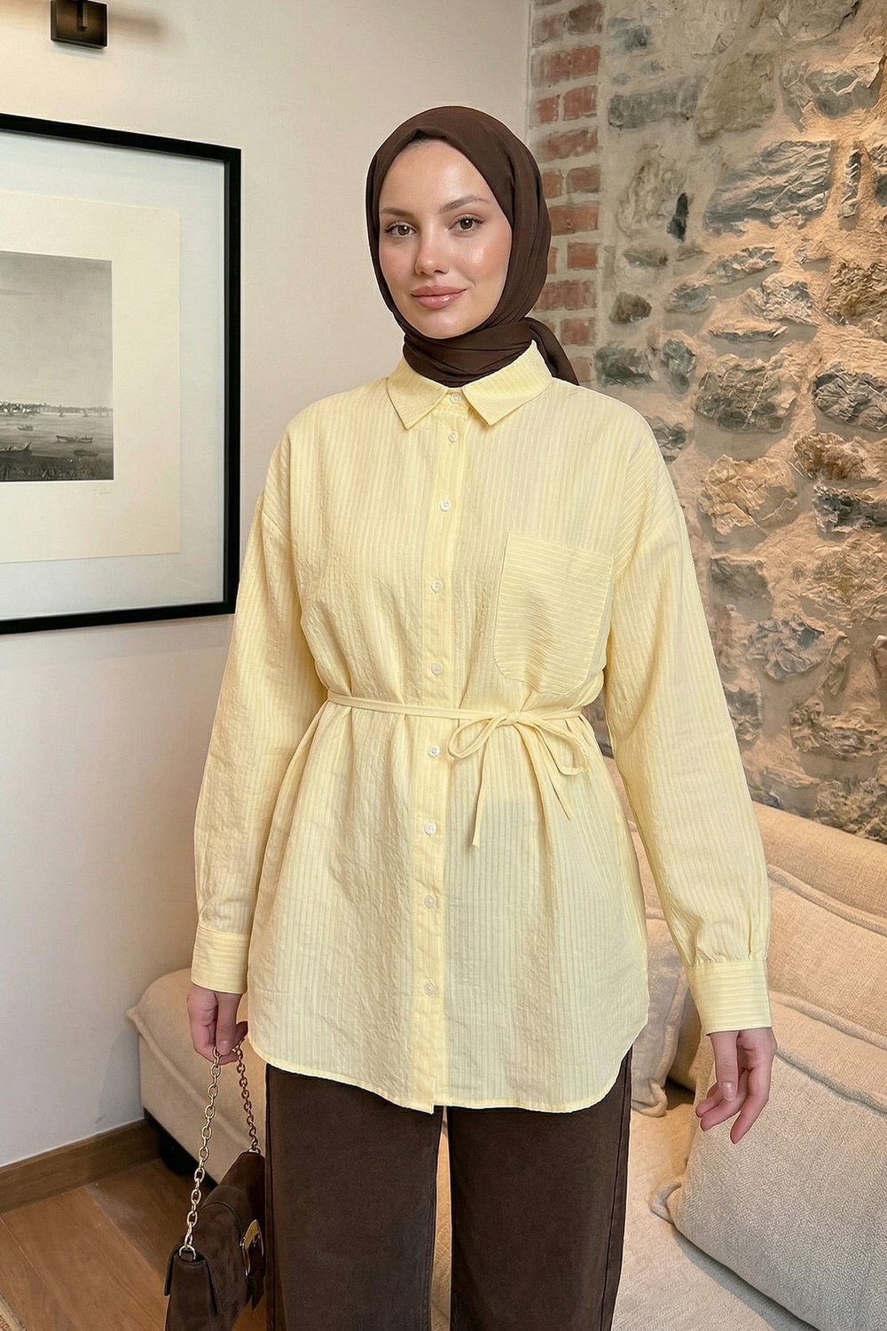 Modal Kumaş Çizgili Gömlek Y0139 - Sarı