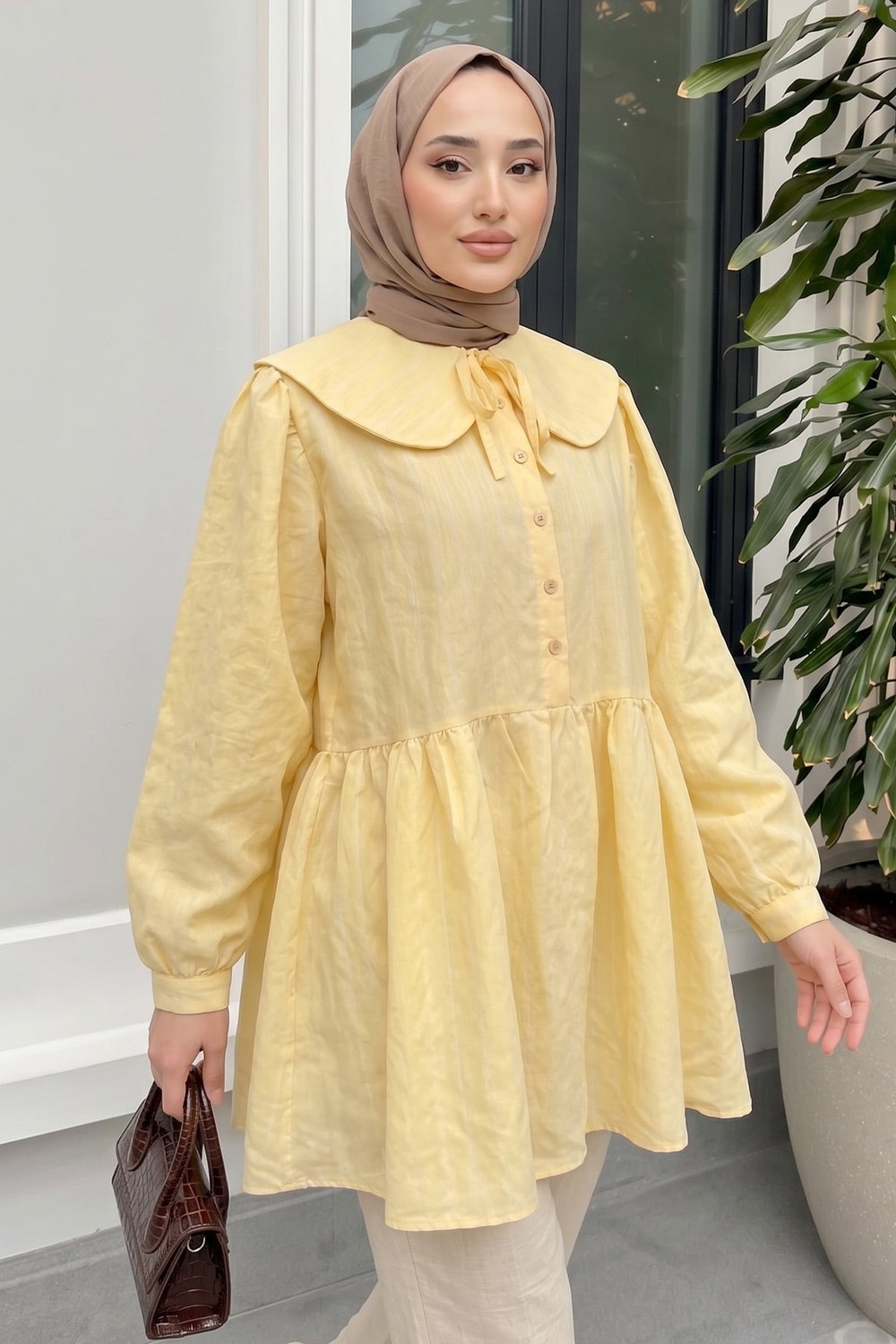 Geniş Yakalı Tunik Y0140 - Sarı