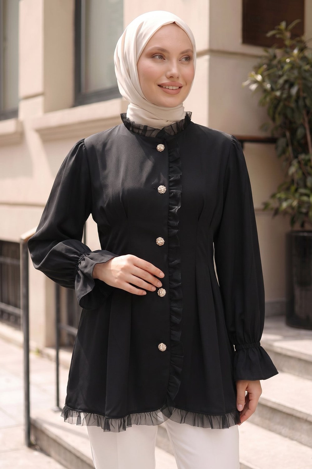 Tül Detaylı Tunik Y0078 - Siyah