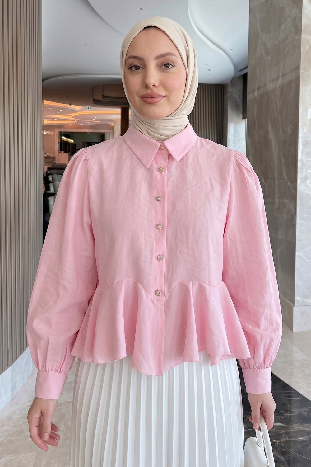 Volan Detaylı Balon Kol Gömlek Y0095 - Pembe
