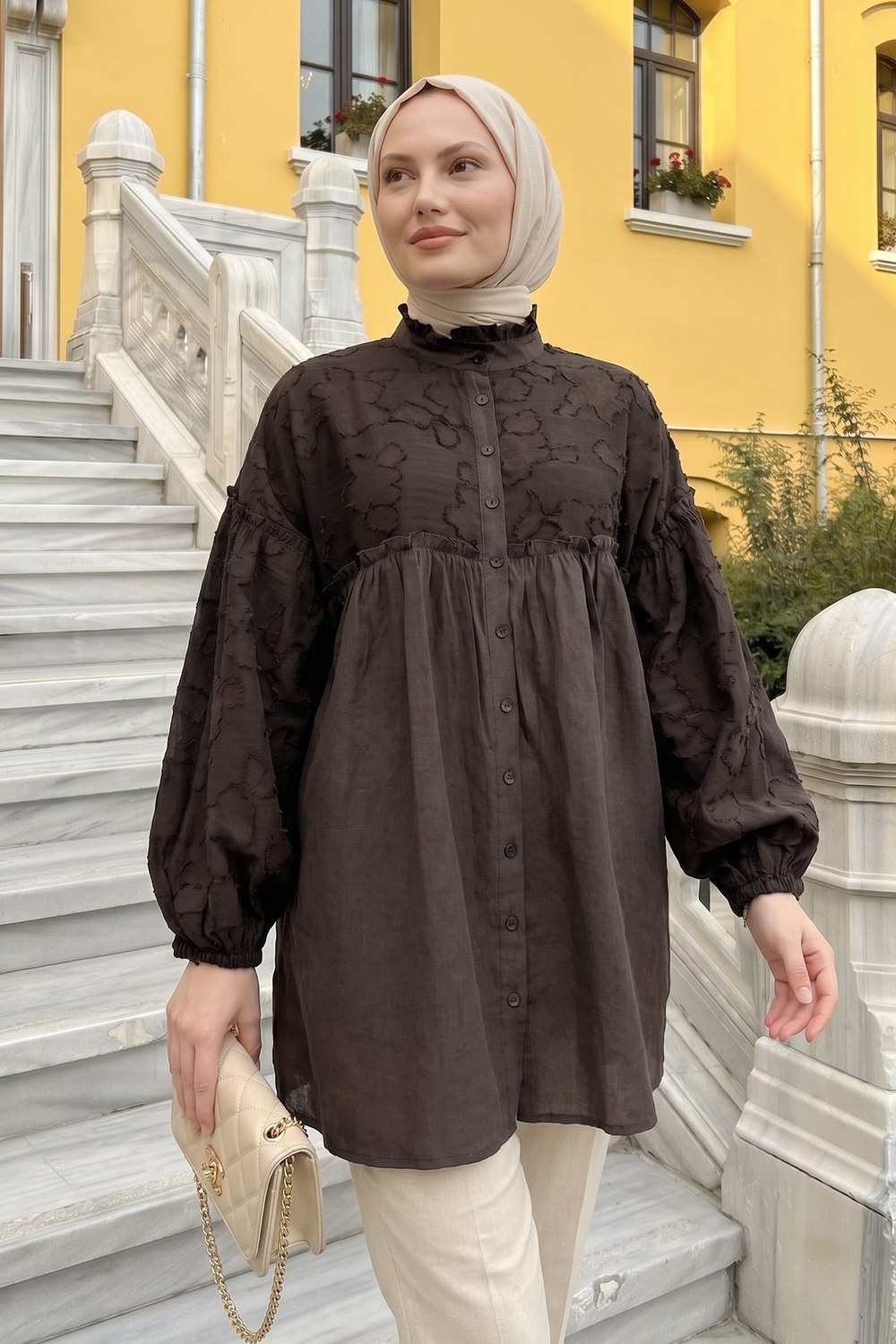 Dik Yaka Desenli Gömlek Y0112 - Acı Kahve