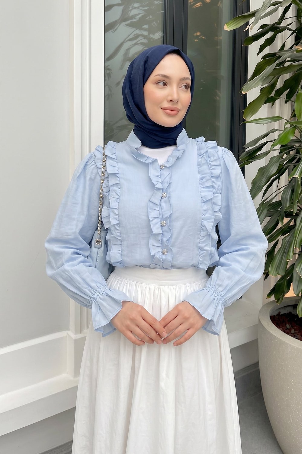 Şerit Fırfırlı Düğmeli Gömlek Y0096 - Bebe Mavisi