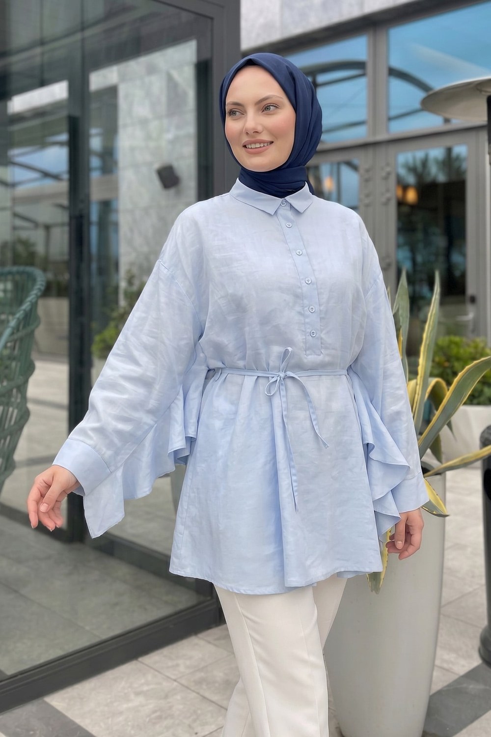 Volan Detaylı Bağcıklı Tunik Y0136 - Bebe Mavisi